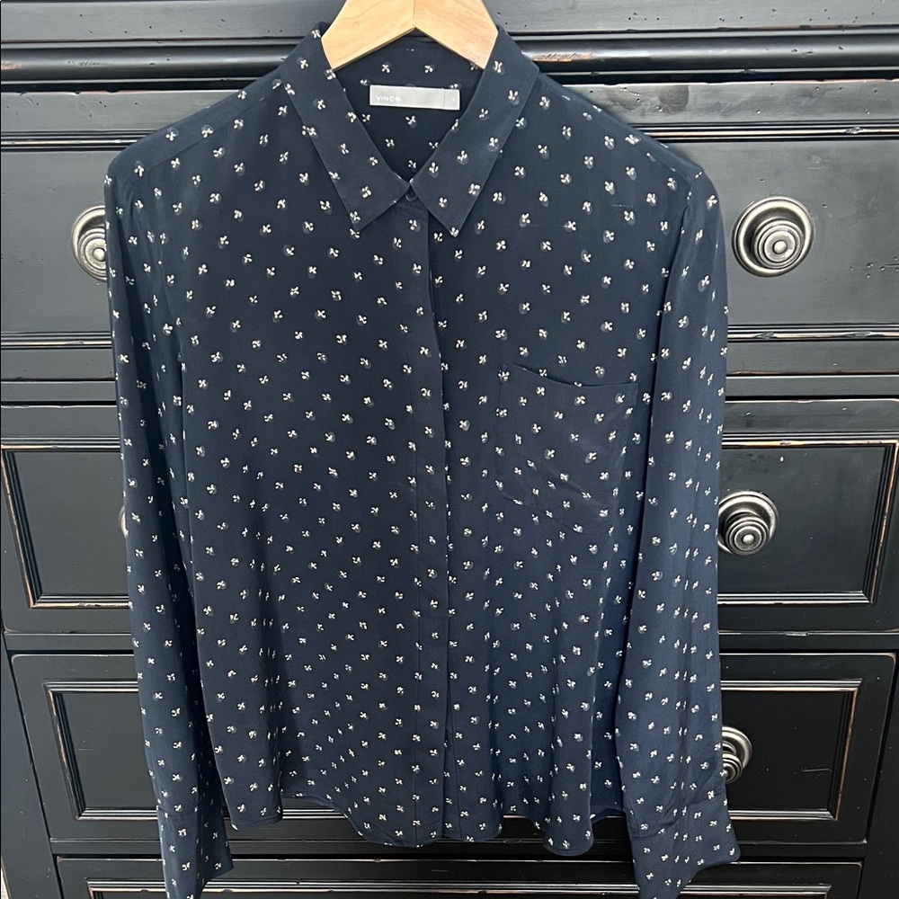 Silk Vince Dark Blue Button Down Shirt with Subtle Pattern